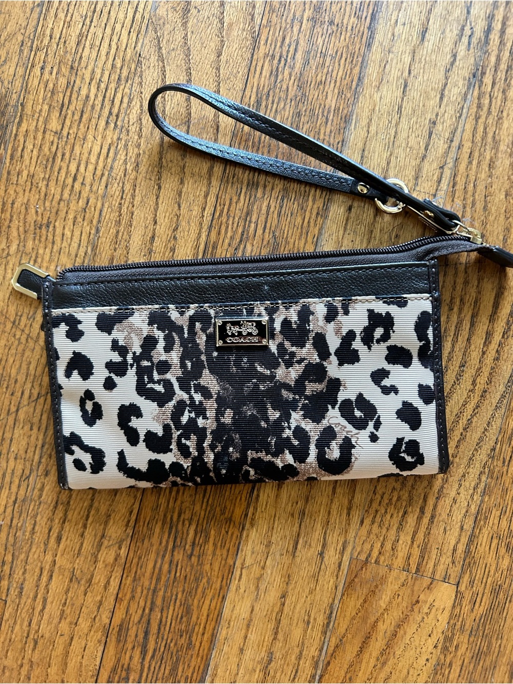 Coach Leopard Print Wristlet in Black, White & Brown